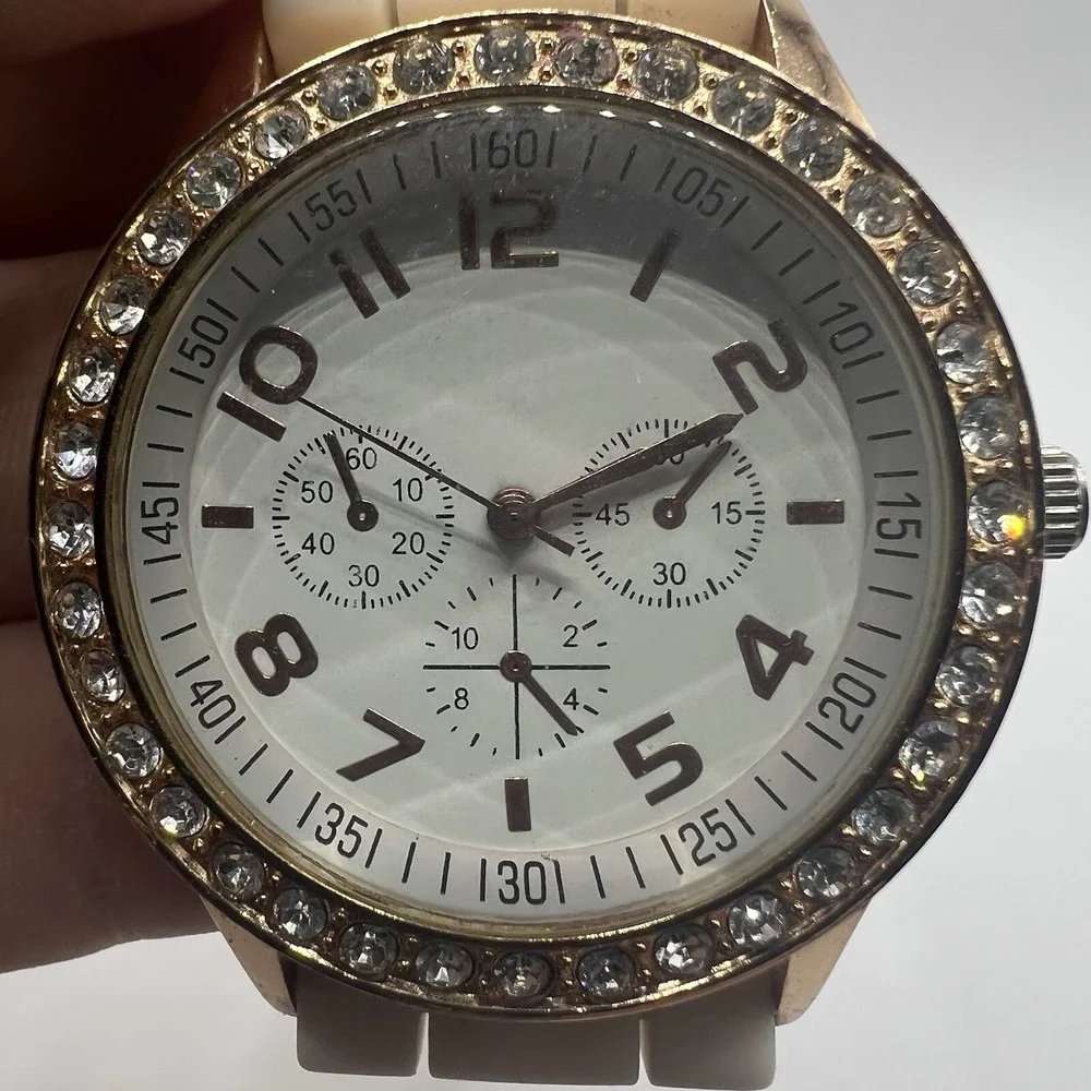 Ladies Trendy Round Rose Gold Tone Bezel‎ White Dial Poly Band Analog Watch J6